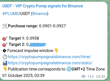 Trading signal verification: PLUME pump from Binance, 01 October 2025, 07:42