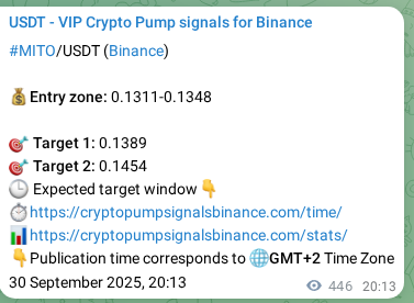 Real-time verification of MITO pump signal on Binance, 01 October 2025, 08:35