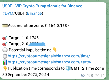 Pump signal proof for DYM on Binance at 01 October 2025, 10:04