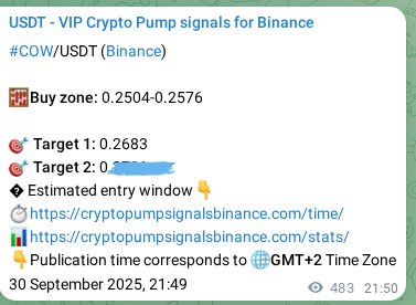 Proof of COW pump signal on Binance at 01 October 2025, 11:35