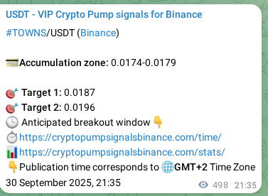 Authenticated proof of TOWNS's pump signal on Binance at 01 October 2025, 11:41
