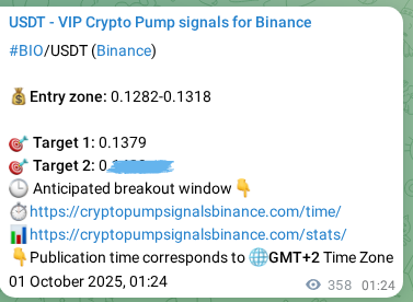 Crypto pump signal proof: BIO on Binance, 01 October 2025, 11:42