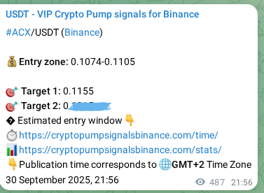 Trading signal proof: ACX pump from Binance, 01 October 2025, 11:48