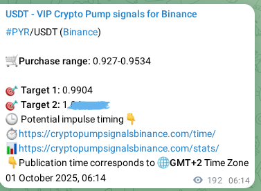 Crypto market signal proof: PYR pump on Binance, 01 October 2025, 11:50