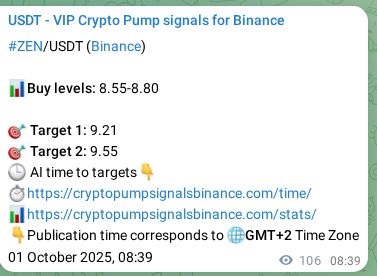Binance pump signal data for ZEN at 01 October 2025, 11:51