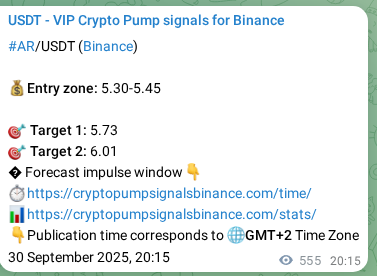 Crypto trading signal proof: AR pump on Binance, 01 October 2025, 11:56