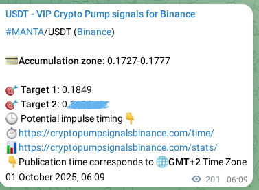 Authenticated MANTA pump signal on Binance, 01 October 2025, 12:08