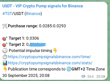 Crypto signal proof: TST pump on Binance, 01 October 2025, 12:10