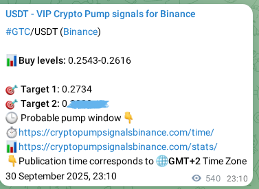Binance trading signal confirmation for GTC pump, 01 October 2025, 14:09