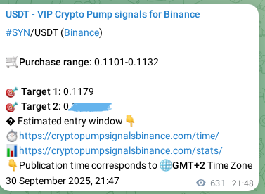 Real-time verification of SYN pump signal on Binance, 01 October 2025, 15:19