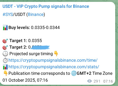 Pump signal proof for SYS on Binance at 01 October 2025, 15:28