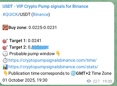 Binance pump signal proof for QUICK on 02 October 2025, 01:49