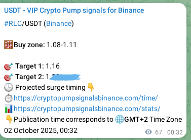 Crypto pump signal proof: RLC on Binance, 02 October 2025, 02:23