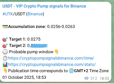 Trading signal proof: UTK pump from Binance, 02 October 2025, 03:34