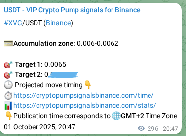 Crypto trading signal proof: XVG pump on Binance, 02 October 2025, 05:01