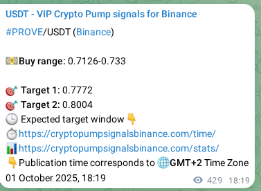 Crypto trading signal verification: PROVE pump on Binance, 02 October 2025, 06:14