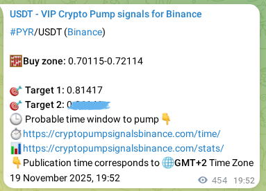 Crypto market signal proof: PYR pump on Binance, 20 November 2025, 08:28