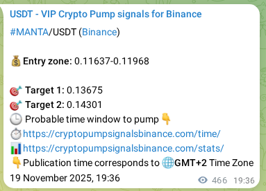 Binance pump signal data for MANTA at 20 November 2025, 08:32