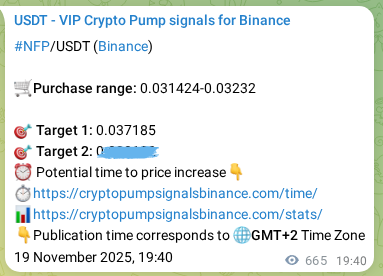 Authenticated proof of NFP's pump signal on Binance, 20 November 2025, 14:08