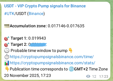 Binance trading signal proof for UTK pump, 20 November 2025, 17:24
