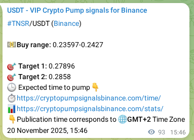 Trading signal proof: TNSR pump from Binance, 20 November 2025, 18:20
