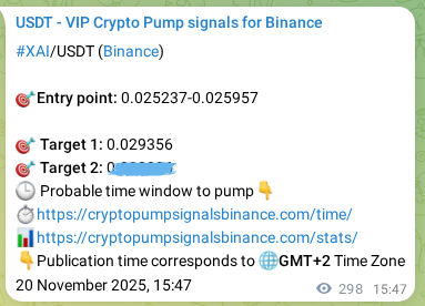 Binance pump signal data for XAI at 21 November 2025, 00:02