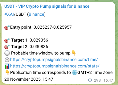 Real-time proof of XAI pump signal on Binance, 21 November 2025, 00:03