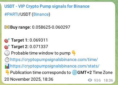 Verify the crypto pump signal confirmation for PARTI on Binance, 21 November 2025, 20:28 Crypto pump signal confirmation: PARTI on Binance, 21 November 2025, 20:28