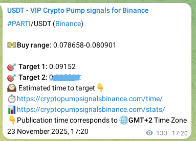 Binance trading signal proof for PARTI pump, 23 November 2025, 21:00
