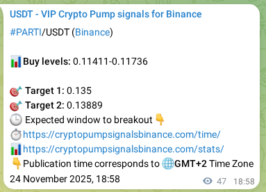 Binance signal verification for PARTI pump, 24 November 2025, 20:01