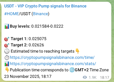 Crypto signal proof: HOME pump on Binance, 25 November 2025, 22:16
