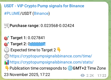 Crypto pump signal proof: PLUME on Binance, 26 November 2025, 07:31