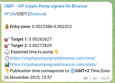 Binance trading signal proof for FUN pump, 28 November 2025, 11:59
