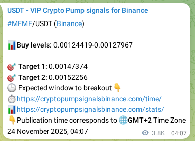Binance pump signal data for MEME at 28 November 2025, 14:17