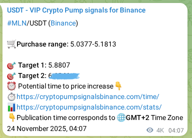 Crypto signal proof: MLN pump on Binance, 28 November 2025, 18:37
