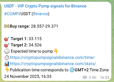 Crypto trading signal verification: COMP pump on Binance, 28 November 2025, 21:07