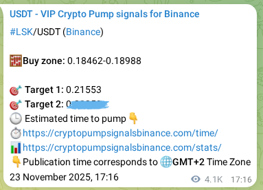 Binance trading signal proof for LSK pump, 29 November 2025, 07:51