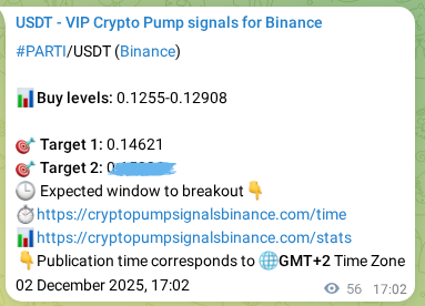 View the trading signal verification for PARTI pump from Binance, 02 December 2025, 18:05 Trading signal verification: PARTI pump from Binance, 02 December 2025, 18:05