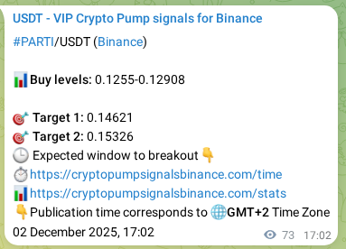 Confirm the crypto trading signal for PARTI pump on Binance, 02 December 2025, 18:34 Crypto trading signal confirmation: PARTI pump on Binance, 02 December 2025, 18:34