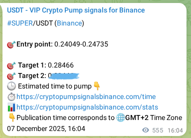 Binance trading signal proof for SUPER pump, 08 December 2025, 07:27