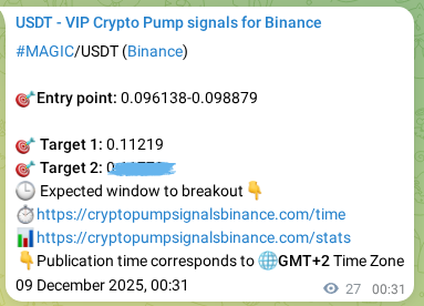 Crypto market signal proof: MAGIC pump on Binance, 09 December 2025, 00:40