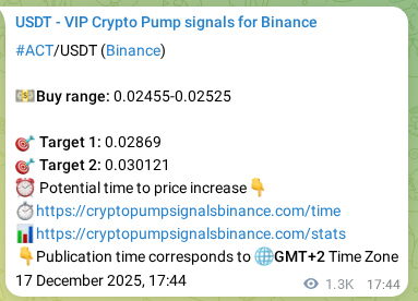 Proof of ACT pump signal on Binance at 19 December 2025, 06:04