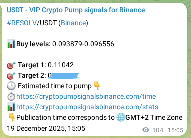 Crypto pump signal proof: RESOLV on Binance, 19 December 2025, 17:59
