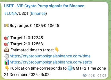 Crypto trading signal proof: LUNA pump on Binance, 21 December 2025, 19:52