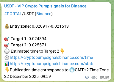 Binance trading signal proof for PORTAL pump, 22 December 2025, 23:29