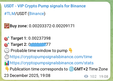 Authenticated TLM pump signal on Binance, 23 December 2025, 21:39