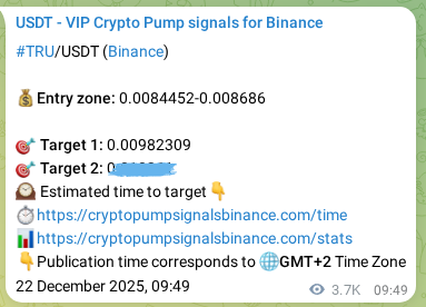 Binance pump signal data for TRU at 26 December 2025, 15:56