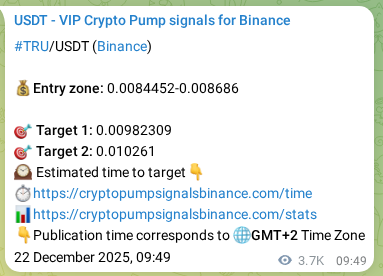 Crypto trading signal proof: TRU pump on Binance, 26 December 2025, 16:17