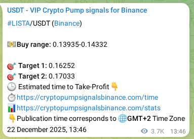 Trading signal confirmation: LISTA pump on Binance at 26 December 2025, 21:22