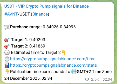 Authenticated proof of AVNT's pump signal on Binance at 27 December 2025, 02:43